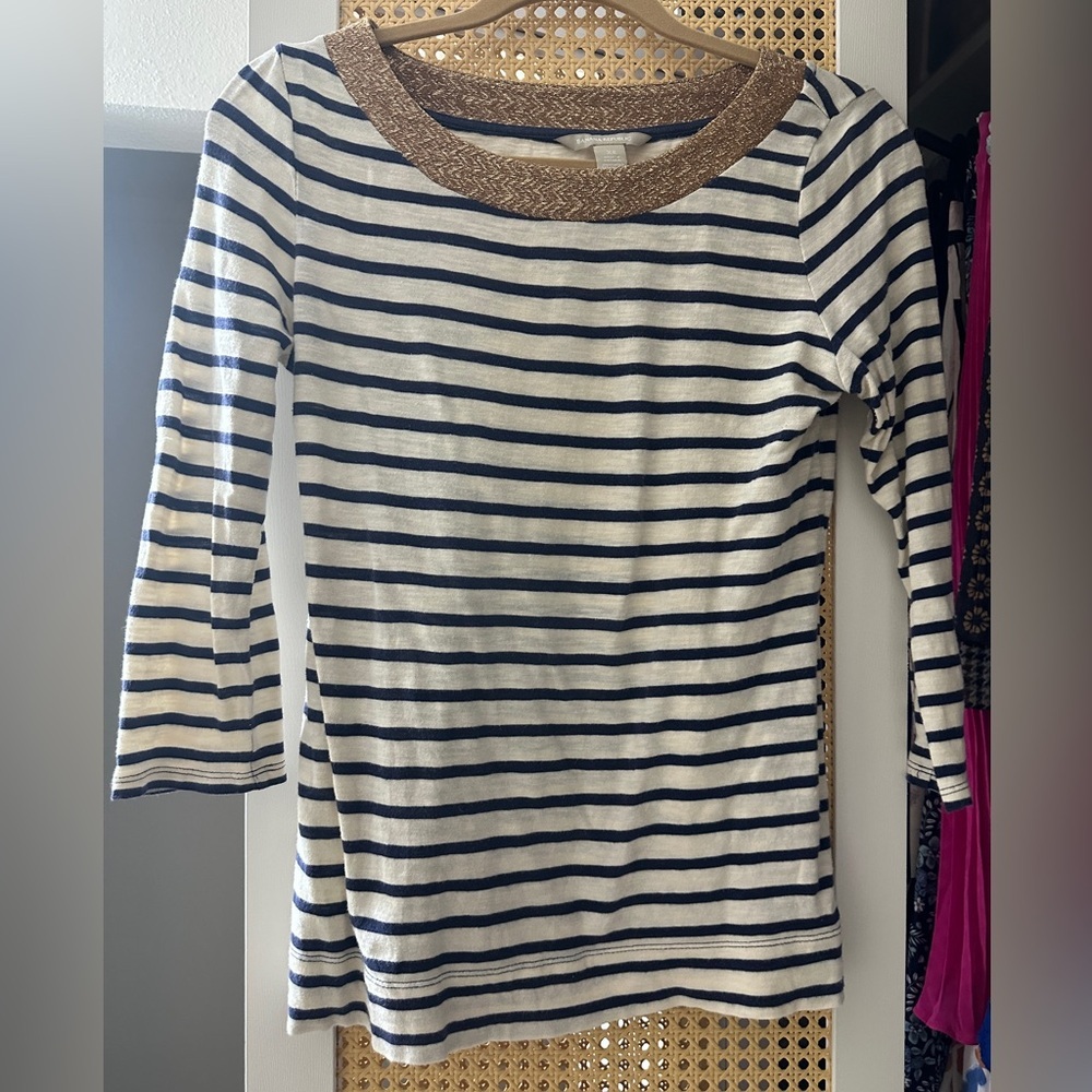 Banana Republic Navy & Off White Striped Tee with Gold Embellished Collar - XS